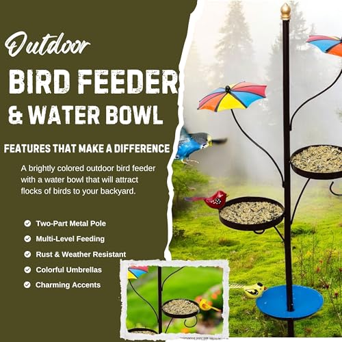 Image of Kraftskala Outdoor Bird Feeder with Water Bowl & Two Seed Trays, Rust-Resistant 2-Part Metal Pole - Perfect Garden or Backyard Decor for Bird Watching and Feeding
