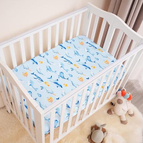 Image of david's kids 3 Pack Mini Crib Sheets, Soft Breathable Premium Pack N Play Sheets for Baby Boys Girls Neutral, Playard and Mini Crib Mattresses, Whale