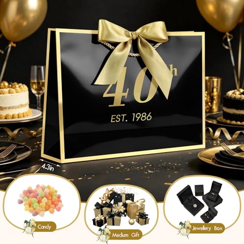 Image of JMANNI 40th Birthday Gift Bag with Card and Tissue Paper for Men Women Him, 14.2 inch Elegant Black Gold Anniversary Keepsake Party Present Shopping Paper Bags for Gifts Wrapping (EST.1986 /Black /Large)