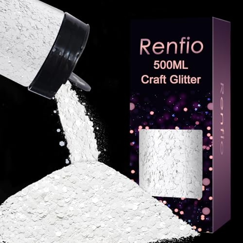 Renfio Pearl White Glitter, 9.7oz/275g Matte White Chunky Glitter for Snowglobe Tumbler,Pastel PET Flake Mixed Fine Powder for Snowglobe Tumbler,Craft,Resin,Festival Decor,Nail,Slime