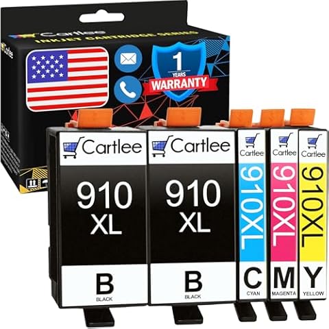 Cartlee Compatible Ink Cartridges Replacement for HP 910 XL Ink Cartridges 910XL for HP Printers Officejet Pro Combo Pack 8025 8022 8020 8028 8025 8035 8030 Ink 2 Black, 1 Cyan, 1 Magenta, 1 Yellow 5 Cover