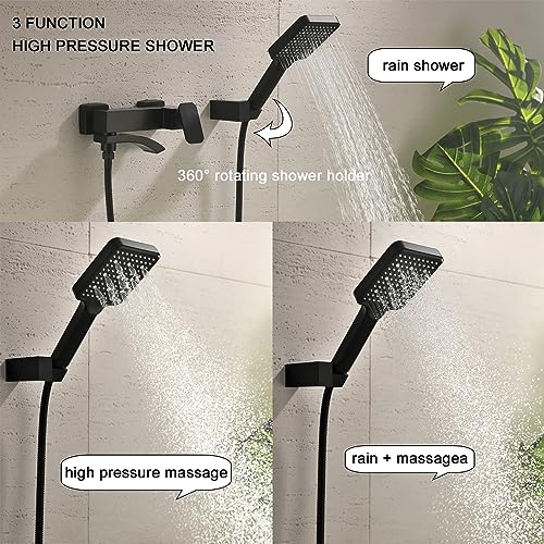 Grifo de bañera de montaje en pared con ducha de mano de 3 funciones | Grifería para bañera cuadrada de acabado negro mate con rociador portátil y grifo plegable alargado miniatura 3