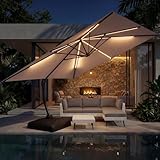 ENSTVER 11x11ft Large Cantilever Umbrella With Base Included & Solar Powered Led Lights, Deluxe Curvy All-Aluminum Rectangular Patio Umbrella For Deck, Pool And Backyard (Champagne)