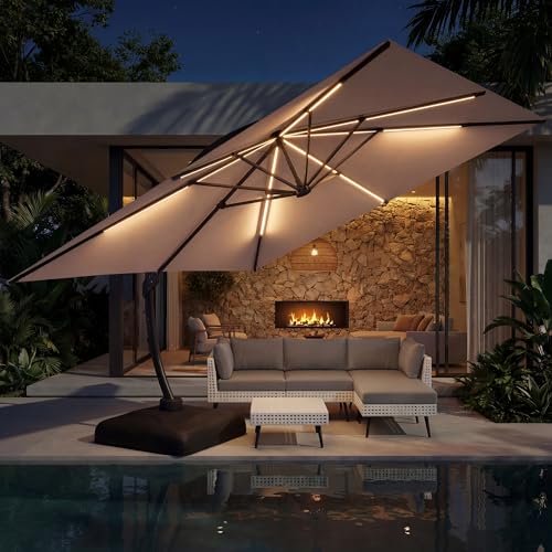 ENSTVER 11x11ft Large Cantilever Umbrella With Base Included & Solar Powered Led Lights, Deluxe Curvy All-Aluminum Rectangular Patio Umbrella For Deck, Pool And Backyard (Champagne)