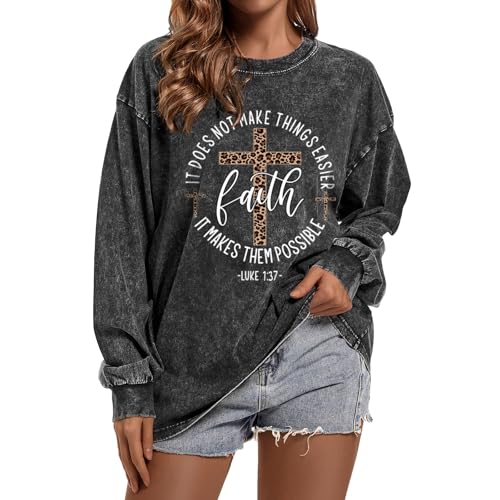 Cayxatiu Faith Christian Long Sleeve Shirts for Women Jesus Leopard Cross Print Shirt Bible Verse Religious Vintage Tshirt(Black M)