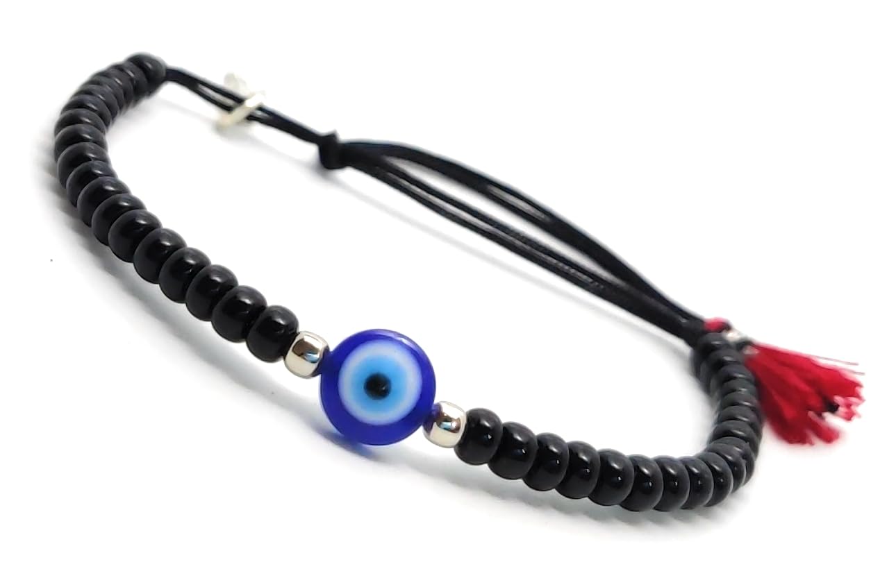 Jewel string Evil eye with silver chaku black beads adjustable black cord bracelet avoid buri nazar for girl women (size 5 inch to 7.5inch wrist) (B0DB69MSYW) Amazon Price History, Amazon Price Tracker