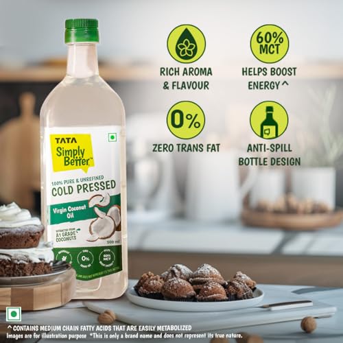 Image of Tata Simply Better Pure & Unrefined Cold Pressed Virgin Coconut Oil,Naturally Cholesterol Free,500ml,Rich Aroma & Flavour of Real Coconuts,For Daily Cooking with Multipurpose Usage,A1 Grade Coconuts