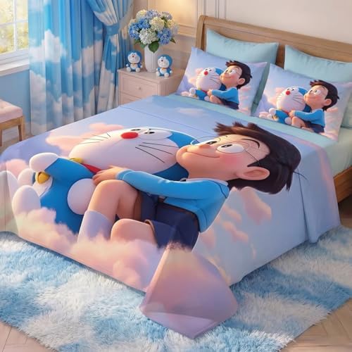 Image of 7D Fairy Tale Doareamon Collection Double Bedsheet 90x100 inch with 2 Pillow Covers | Good Stitching, Soft Fabric & Vibrant 7D Digital Print for Kids & Couples (White)