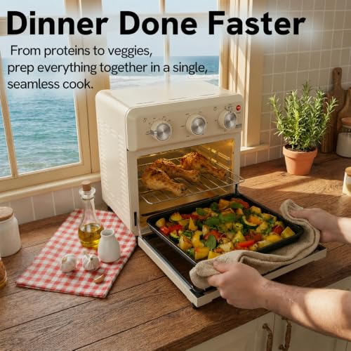 Image of VAL CUCINA 6-in-1 Retro Air Fryer Toaster Oven Combo, Compact 12.7 QT Small Countertop Convection Oven, Fits 9 inch Pizza & 4 Toast, Hexagon Hybrid Heating, Enamel Baking Pan Included, Almond Yellow Color
