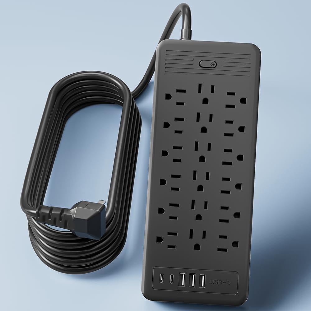 18 Outlets Surge Protector Power Strip - 10 Feet Flat Plug Heavy Duty Extension Cord with 18 Widely Outlets and 3 USB Ports,2 Type-C Ports,Black (Black, 5FT)