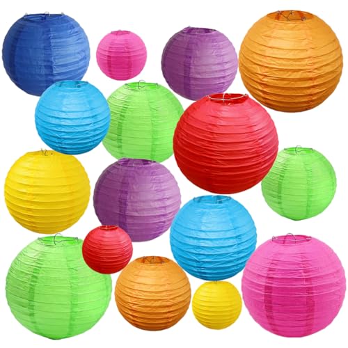 16pcs Colorful Paper Lanterns Multi-Size Hanging Ball Lanterns for Birthday Wedding Bridal Baby Shower Home Office Classroom Outdoor Indoor Party Decoration (Size of 4”, 6”, 8”, 10”)