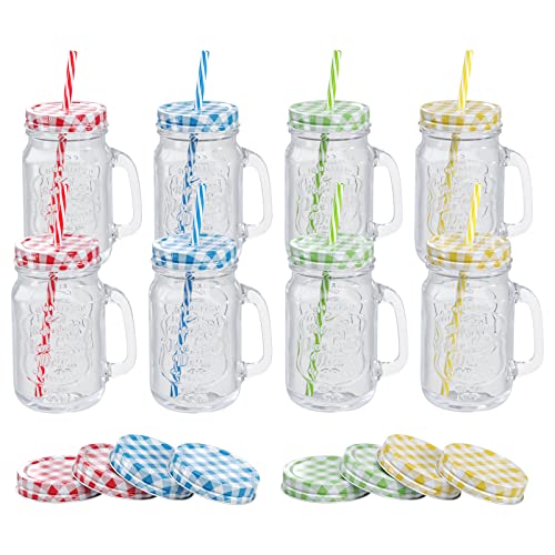 WELLGRO Trinkgläser Set bunt mit Deckel und Trinkhalm 500ml inkl. Ersatzdeckeln Mehrweg Cocktail Gläser Glasbecher Stückzahl:8 Stück