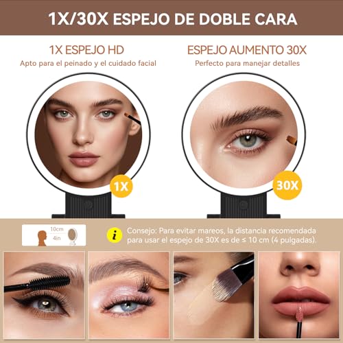 Espejo maquillaje con luz led recargable 2000mAh y aumento 30X 3
