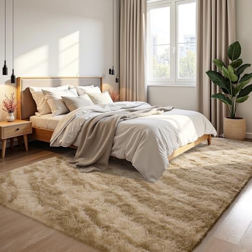 HOMORE 5x8 Area Rug for Living Room, Tie-dye Beige Fluffy Furry Shaggy Rugs for Bedroom, Super Soft and Comfy Carpet for Kids Room, Cute Carpets for Nursery Boys Girls Home Decor