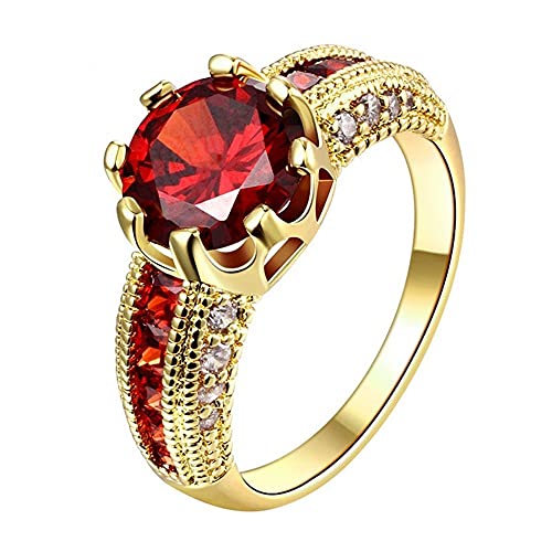 18K Rose Gold/Yellow Gold Plated Shiny Full Diamond Red Garnet Birthstone Red Gemstone Ring Fashion Eternity Engagement Wedding Band Ring Promise Ring for Women ST.279