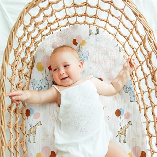Image of Muslin Bassinet Fitted Sheets 2 Pack, Soft Breathable Cotton Baby Bassinet Mattress Sheet Set, 360 Elastic Snug Fit, Universal for Oval, Rectangle (Cute Animals, Bassinet Sheets 2 Pack)