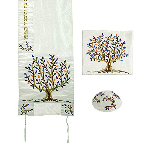 Yair Emanuel Multicolor Tree of Life Design Embroidered Raw Silk White Tallit Set2
