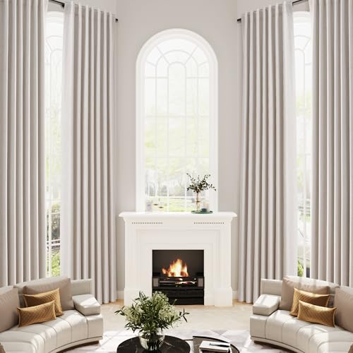 Joywell 100% Blackout Extra Long Linen Curtains Light Cream 144 Inches Black Out Curtain 12ft Neutral Boho Farmhouse Drapes with Back Tab for Living Room High Ceiling Bedroom Window 1 Panel 52x144