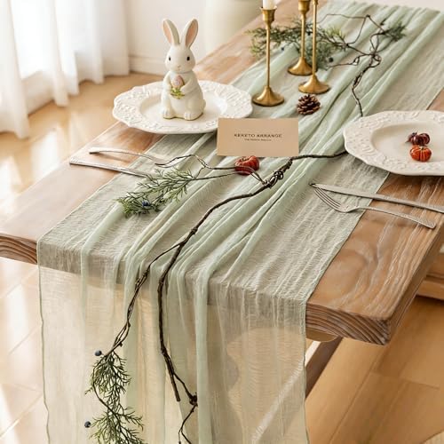 Keketoarrange Sage Green Easter Spring Cheesecloth Table Runner B...