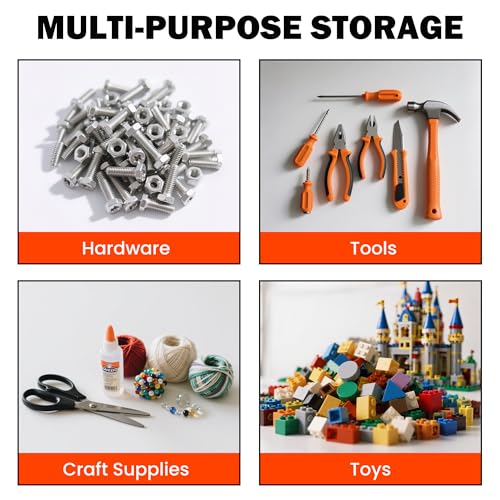 Wall-Mounted-Storage-Bins-Plastic-Hanging-Storage-Organizer-Bins-Garage-Tool-Storage-System-for-Screws-Nuts-Bolts-Nails-and-Small-Hardware-Parts-16x-bins-4-x-Rails-Orange