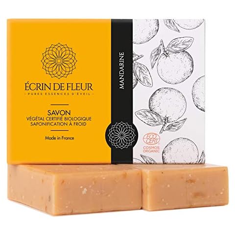 Écrin De Fleur | Certified Organic Mandarin Soap Bar | Handmade in France | Pleasant Tangerine Essential Oil Scent with Petals of Calendula Flower | Cold Process | Palm Oil Free | Pack of 2 x 100g Cover