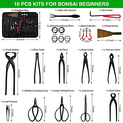 Kornculor 16 Pcs Bonsai Tool Sets High Carbon Steel Gardening Trimming Tools Set With Pruning Shears, Bonsai Scissors, Bonsai Wires, Leather Bag For Garden Plant #TOP1