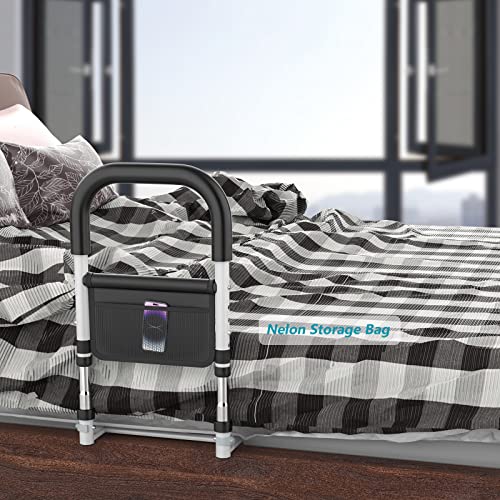 Munzong Senior Bed Safety Rails White, Medical Bed Assist Grab Bar W/Storage Pocket, Bedside Fall Prevention Mobility Aid, Hand Guard Bar Handles, Safety Grab Bar For Elderly Adults Handicap #TOP5
