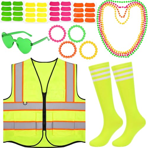 Kuscul 6Pcs Neon Costume Outfit Including Neon Reflective Vest Sunglasses Beaded Bracelet Socks for Women for Glow Party 70s 80s Party Neon Football Game Accessories