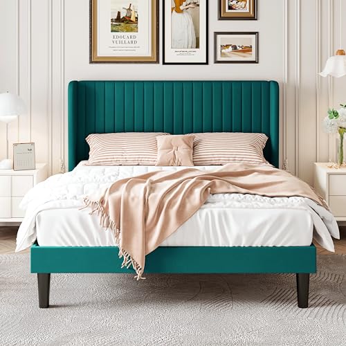Image of SHA CERLIN Queen Size Velvet Bed Frame, Tufted Wingback Headboard, Teal | 47'' Modern Vertical Channel Headboard, Upholstered Platform Bed, Wood Slats, No Box Spring Needed, Easy Assembly, Noise Free