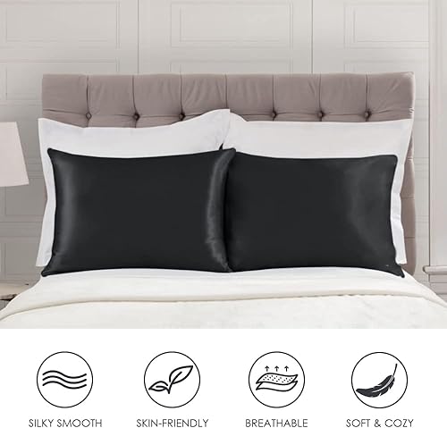 Miniatura 4 de Fittia Juego de 2 fundas de almohada de satén estándar, fundas de almohada de satén negro para cabello y piel con cremallera, fundas de almohada de