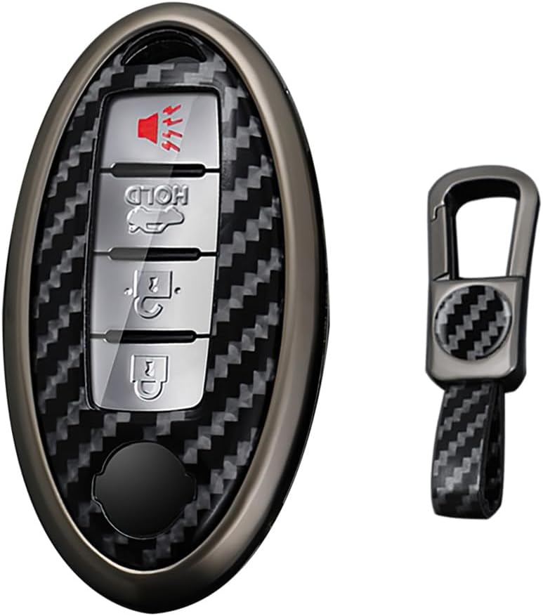 KUNIO Car Key Fob Cover Case Fit for Nissan Altima Pathfinder Juke Sentra Kicks Leaf Rogue Infiniti QX80 Key Protective Cover Keychain Carbon Fibre Metal Key Holder 4 Buttons B Black
