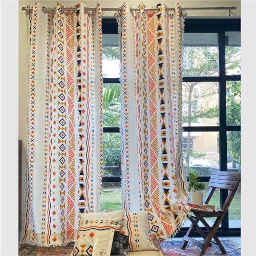 Image of Urban Space 100% Cotton Geometric Light-Filtering Curtain For Door,Boho Decorative Curtains 7 Feet Long With Eyelets & Tieback,2 Curtains Covers(Door,7 X 4Ft,Cushion Cover,16 X 16 Inch,Boho Orange)