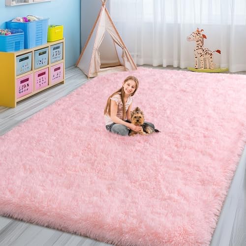 Large Shag Rugs 6 x 9, Pink Area Rug for Girls Kids Living Room Bedroom, Soft Fluffy Fuzzy Plush Carpet, Anti-Skid Shaggy Rug for Home Decor Aesthetic