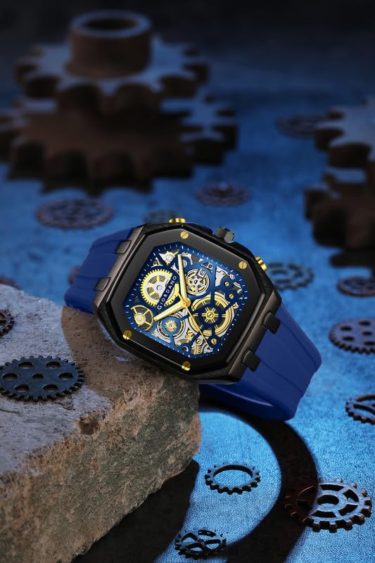 Image of Giordano Analog Quartz Watch for Men with Octagonal Skeleton Dial, Exposed Gear Design, Date Display and Silicone Strap - GZ-50221