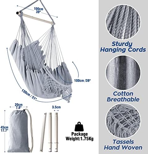 Chihee Hammock Chair Large Relax Hanging Swing Chair Cotton Weave for Superior Comfort Elegant Tassels Creative Metal Strong Spreader Bar 3-section Combination Detachable Easy to Install