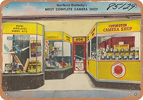 9 x 12 METAL SIGN - Kentucky Postcard - Covington Camera Shop, 808 Madison Ave. - Vintage Rusty Look