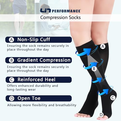 Image of Lin Performance Compression Socks for Women and Men, 20-30 mmHg Open Toe Knee High Stockings, Leg Support for Daily & Travel Comfort (M, Black)