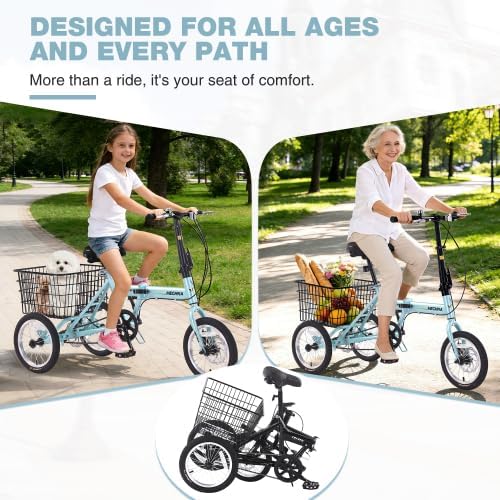 Folding Tricycle for Adults, 14 Inch 3 Wheel Bikes for Adults with Basket, 95% Pre-Assembled Collapsible Steel Frame 200 LBS Capacity