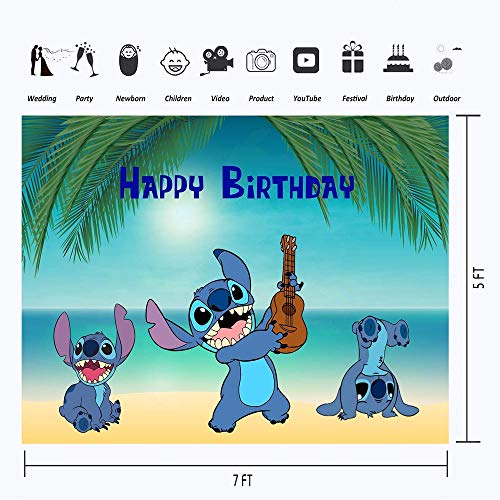 Happy Birthday Stitch Backdrop 7x5 Tropical Luau Background Cartoon Monster Stitch Background for Baby Shower Summer Beach Backdrops for Kids Party by VV Backdrop - Image 3