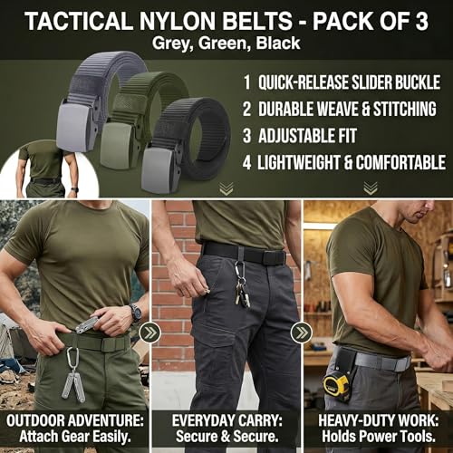 3 Pack Nylon Web Belt with Plastic Buckle Adjustable Tactical Waist Belt 1.5" Width 51" Length for Men Casual Outdoor Wear Black Army Green Grey