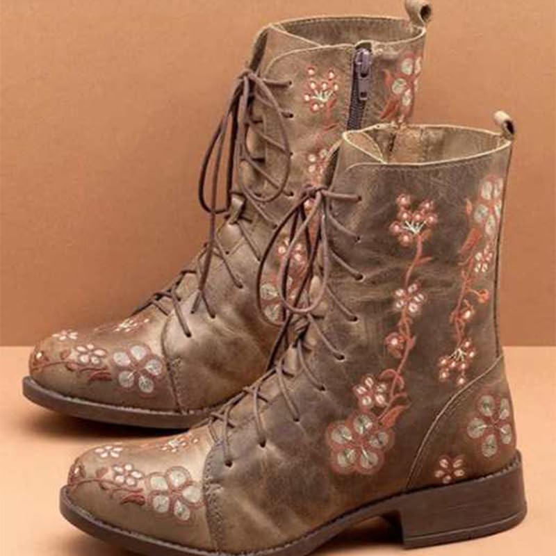 Vintage Embroidered Floral Ankle Booties for Women, Lace Up Side Zip Ankle Boots Chunky Heel Fall Winter2