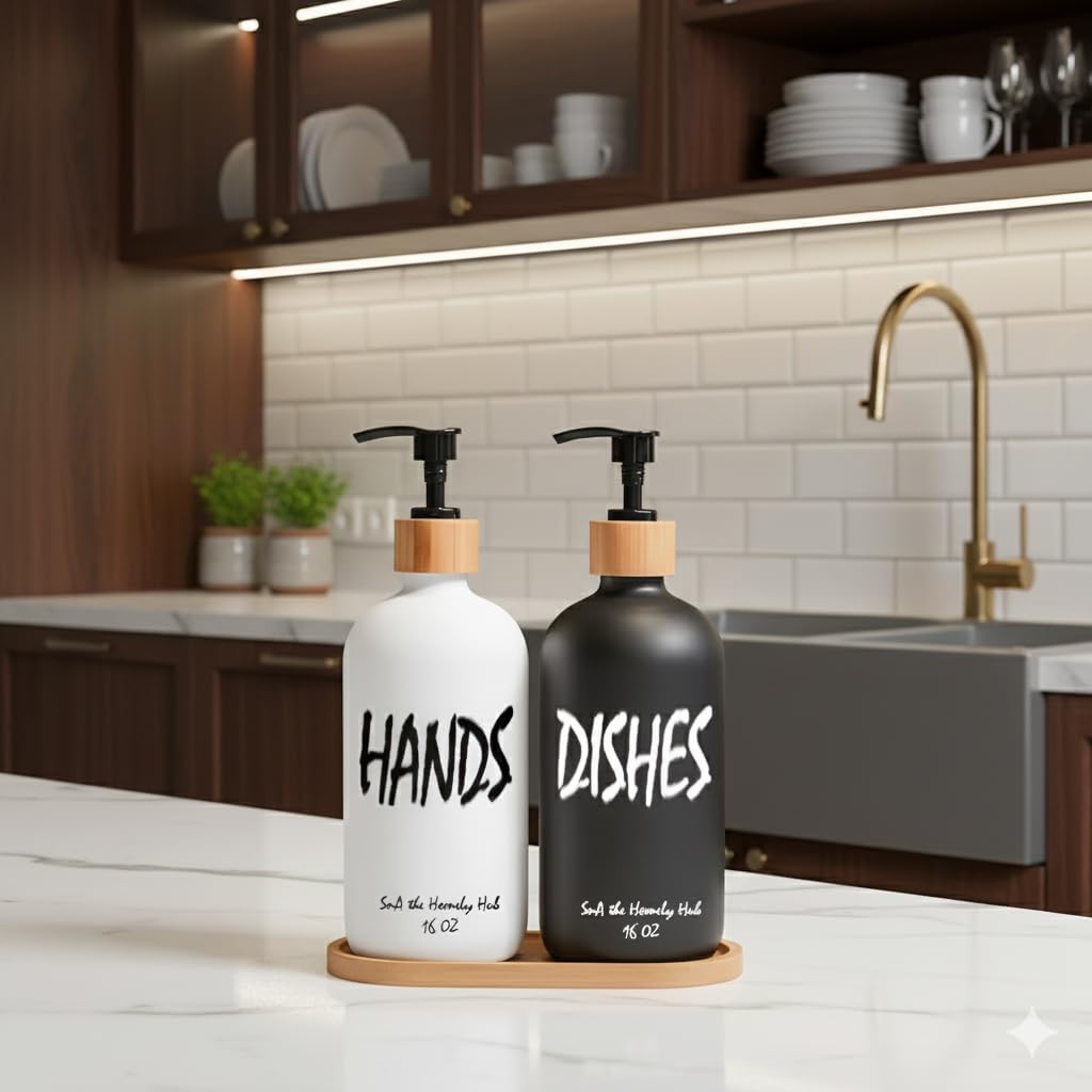 Premium 2-Pack Hand and Dish Soap Dispenser Set – 16oz Matte Black & White Bottles with Bamboo Pump and Bamboo Tray, Refillable Hand & Dishes Dispensers for Modern Kitchens, Modern Minimalist Decor