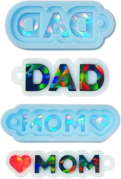 Holographic Mom Dad Keychain Silicone Resin Molds | Mom Dad Letter Keychain Pendant Mold for DIY Mothers day, Fathers Day , Pudding, Luggage Tag