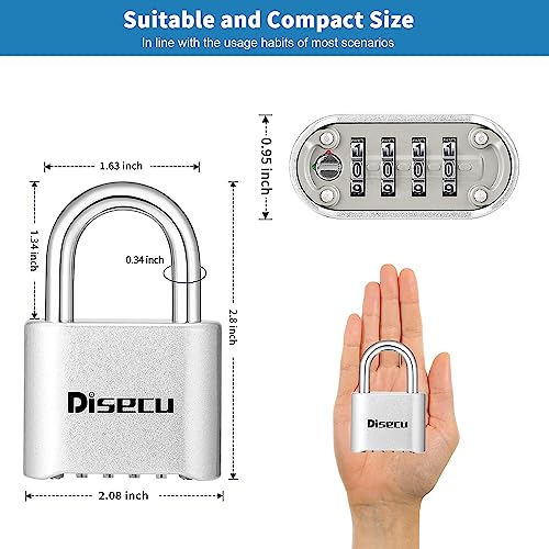 Image of 1 Pack disecu Heavy Duty 4 Digit Combination Lock, Anti-Error Feature, Outdoor WaterproofPadlock for School Gym Locker, Fence, Gate, Hasp Storage, Toolbox (Silver)