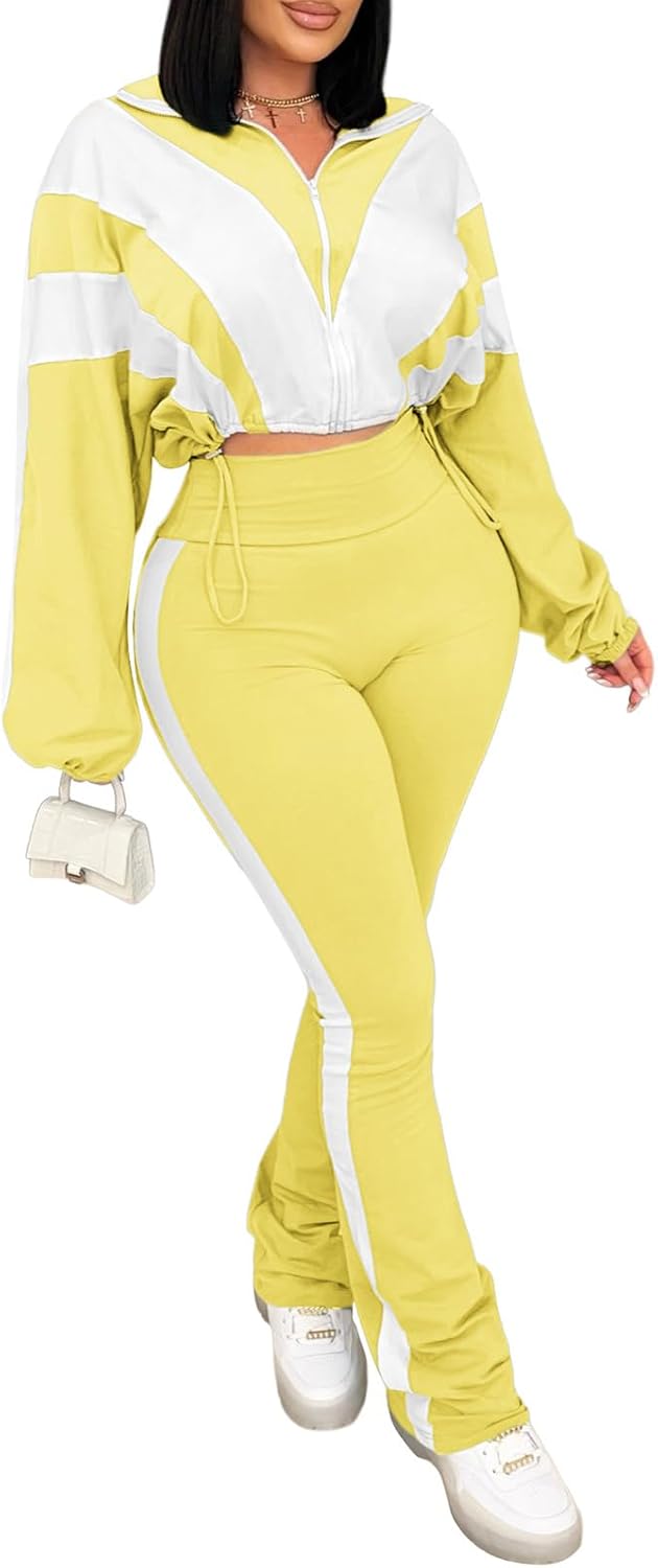 Vssjavun Women 2 Piece Outfit Color Block Long Sleeve Zip Drawstring Cropped Jacket Bodycon Long Pants Set Sweatsuit