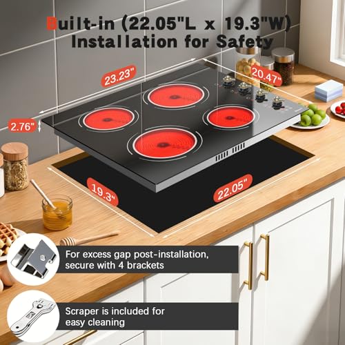 Image of 24 Inch Electric Cooktop - 4 Burner Drop-in(22.05 inchx19.3 inch) Ceramic Stove Top 6000W, 220V Electric Stove, 9 Power Level, Pause, Safety Lock, Touch & Knob Control, 240V Hard Wired (No Plug)