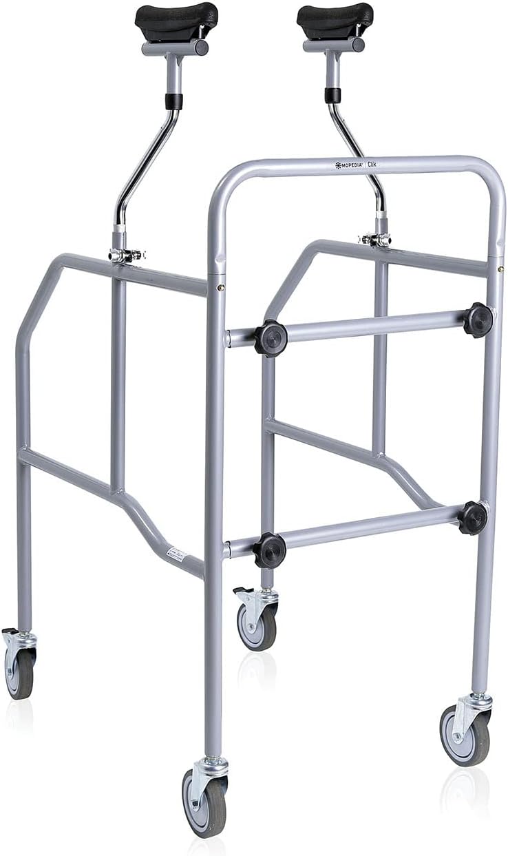 MOPEDIA RP755S Underarm Support Walker, silver, with four wheels and adjustable padded underarm supports.
