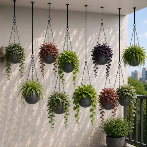 Image of Go Hooked Henri Hanging Planter Pot for Indoor & Outdoor Plants Pack of 10 | 7 Inch Plastic Hanging Pots with Metal Chain | Decorative Round Hanging Planter for Balcony, Garden & Home Decor (Grey)