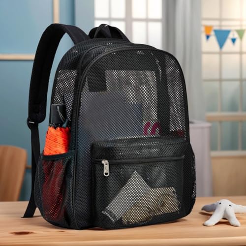 Lightweight Clear Mesh Backpack for Boys – Durable Black Mesh Bookbag with Padded Shoulder Straps, See-Through College Backpack Ideal for Swimming, Travel, Outdoor Activities3