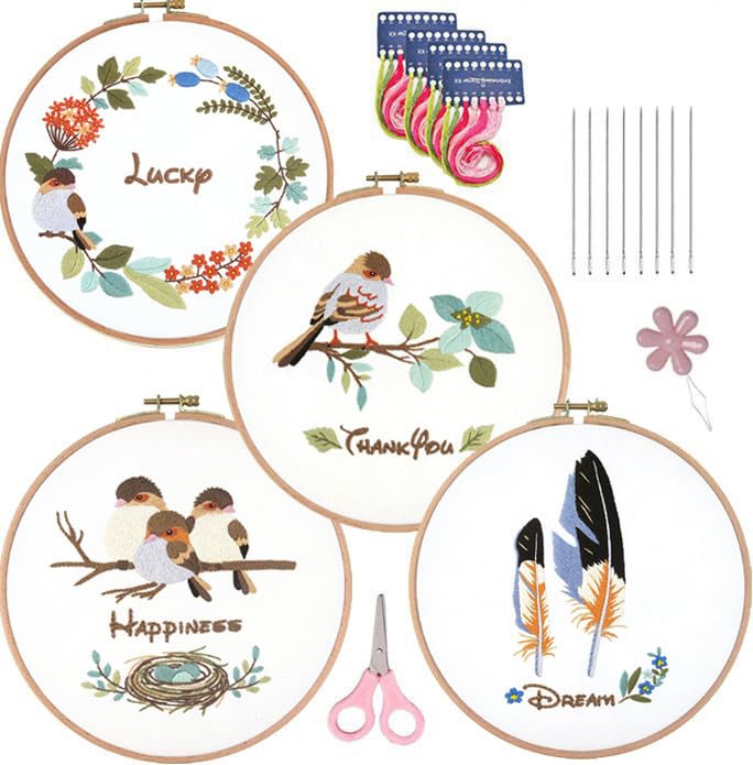 Meecaa 4 Pieces Bird Set Eggs Nest Embroidery Kit Starter Set, Hand Embroidery Set,Pattern Printed Cross Stitch Set for Beginner Adults, with Embroidery Hoop and Instructions (Bird Set)